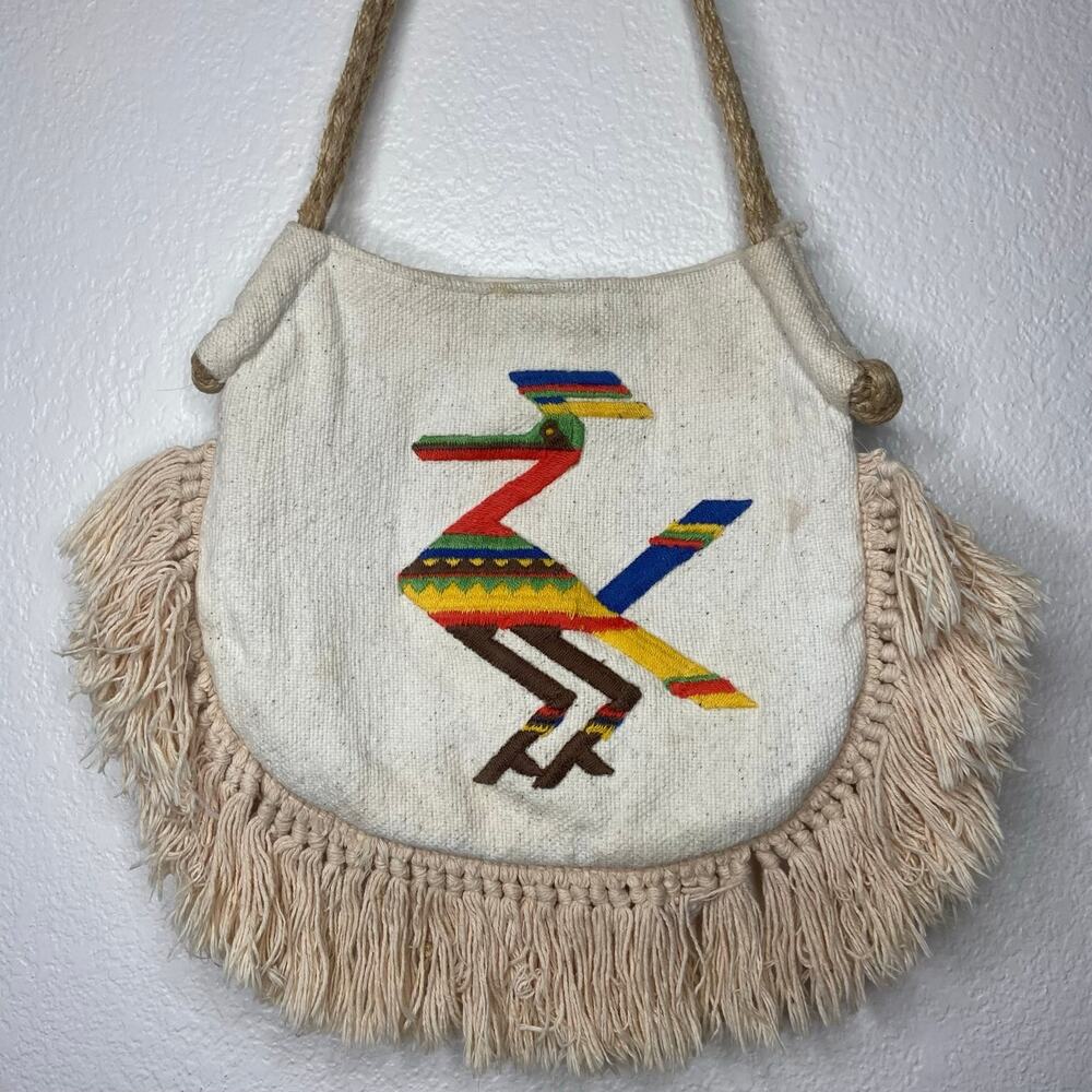 Boho Canvas Shoulder Bag w/ Fringe - Picture 4 of 9